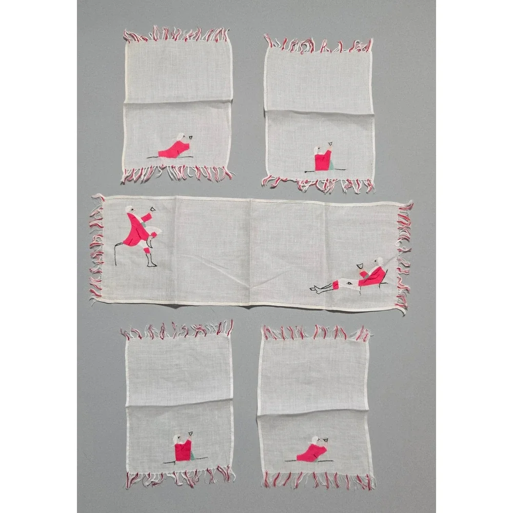 Vintage Linen Cocktail Napkins Barware Applique Man Fringe MCM Victorian